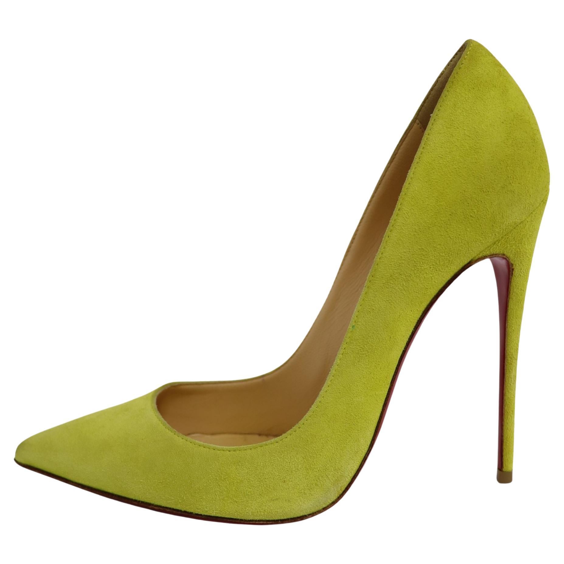 Christian Louboutin -37.5-Lime Green 'So Kate' Suede Pumps For Sale