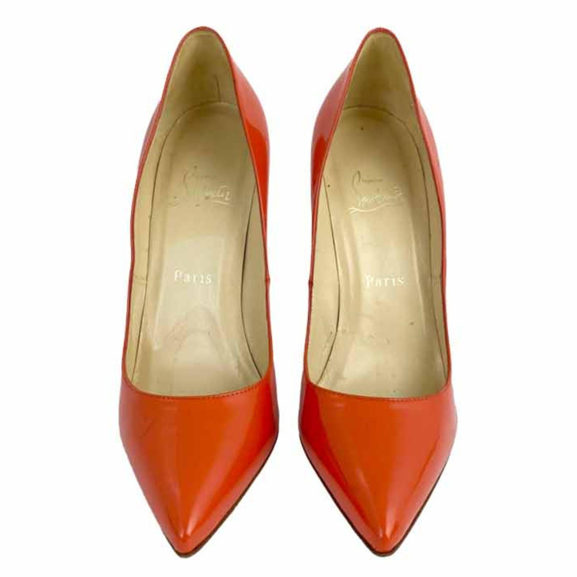 Christian Louboutin orange patent leather 'So Kate' Pumps. Pointed with stiletto heel.

Size: EU 37.5
Heel Height: 13cm 
Overall Condition: Good
Interior Condition: Signs of use
Exterior Condition: Some scratches on the leather and stains.