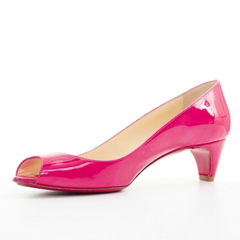 CHRISTIAN LOUBOUTIN 45mm fuschia pink patent peep toe curved kitten heel EU36 In Good Condition For Sale In Hong Kong, NT