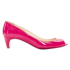 CHRISTIAN LOUBOUTIN 45mm fuschia pink patent peep toe curved kitten heel EU36