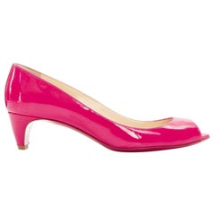 CHRISTIAN LOUBOUTIN 45mm fuschia pink patent peep toe curved kitten heel EU36