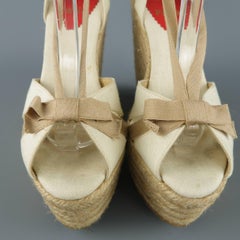 CHRISTIAN LOUBOUTIN 5.5 Cream & Beige Tied Ankle Strap Espadrille Wedge Sandals
