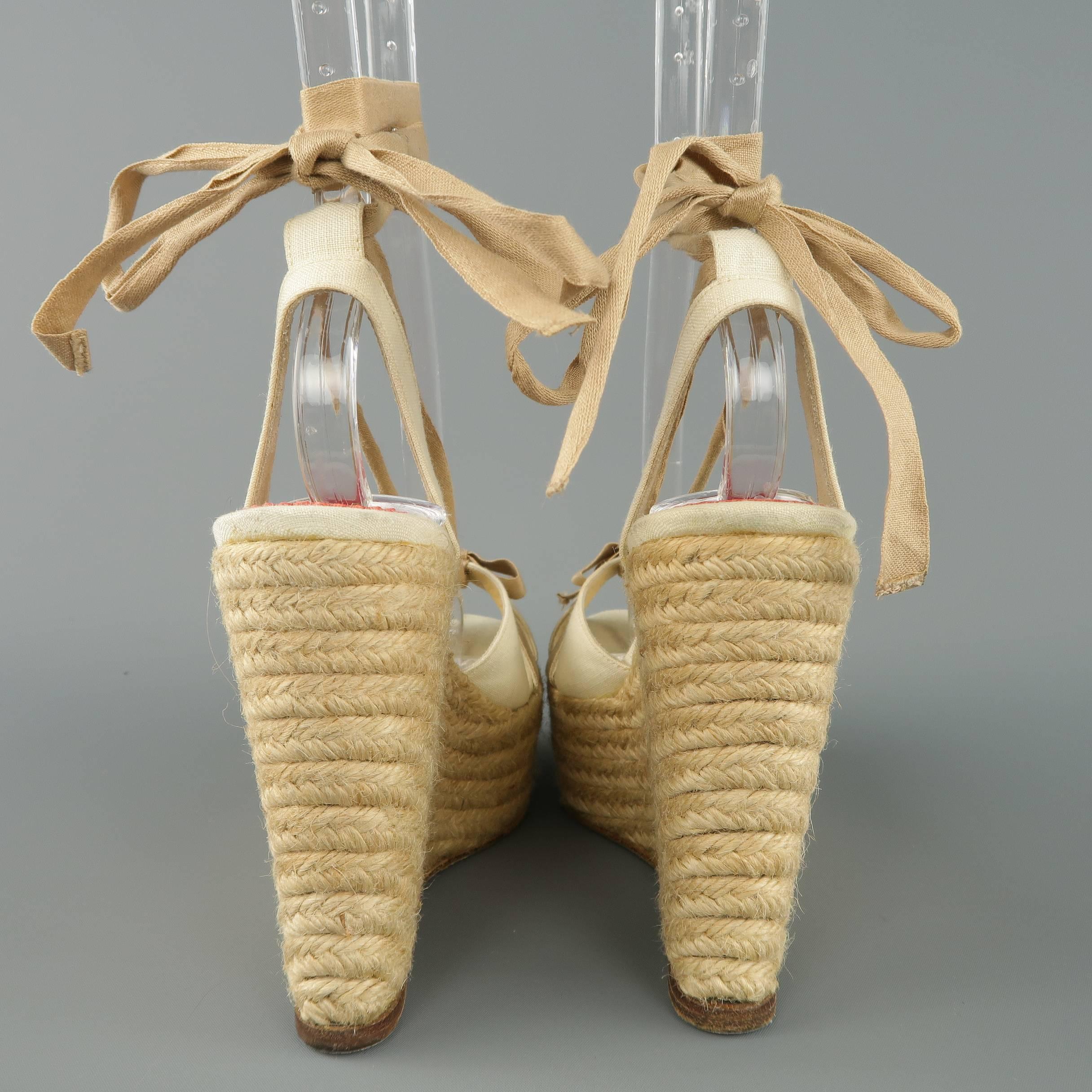 CHRISTIAN LOUBOUTIN 5.5 Cream & Beige Tied Ankle Strap Espadrille Wedge Sandals In Good Condition In San Francisco, CA