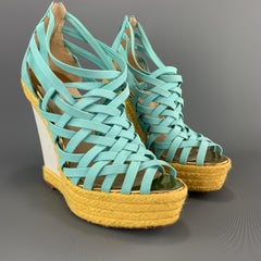 CHRISTIAN LOUBOUTIN 7 Turquoise Suede Woven Yellow Braided Platform Wedge Sandal