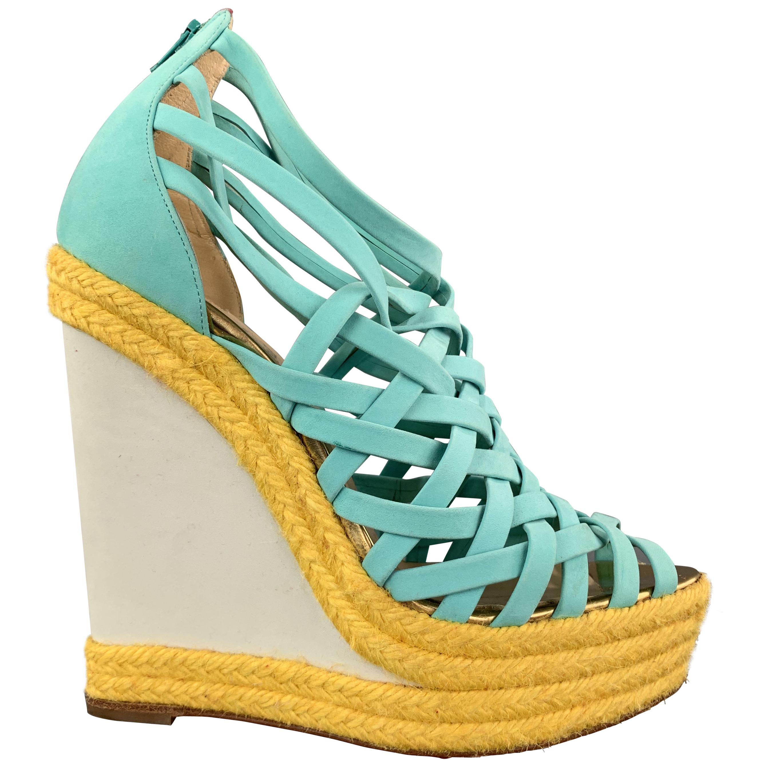 CHRISTIAN LOUBOUTIN 7 Turquoise Suede Woven Yellow Braided Platform Wedge Sandal