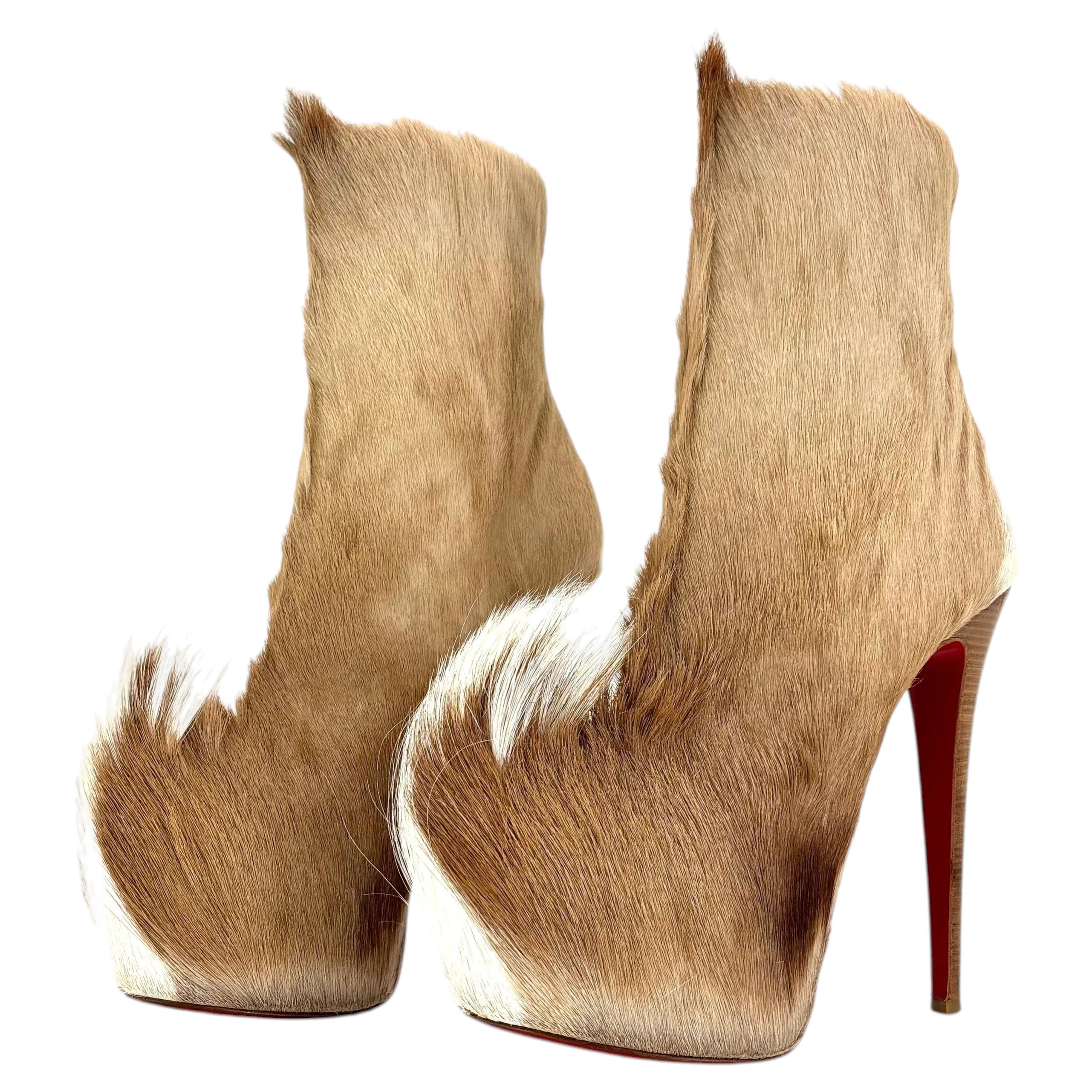 Pre-owned Christian Louboutin A/w 2011 Puck Booty Springbok Fur Platform Ankle Boots 39.5 In Brown