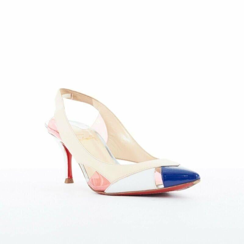 CHRISTIAN LOUBOUTIN Air Chance 70 blue patent beige PVC slingback heels EU36.5
Reference: TGAS/A01928
Brand: Christian Louboutin
Model: Air Chance
Material: Leather, PVC
Color: Beige, White
Pattern: Solid
Closure: Slingback
Extra Details: Air Chance