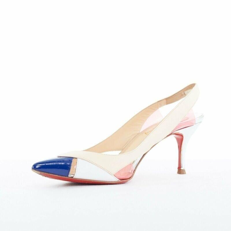 CHRISTIAN LOUBOUTIN Air Chance 70 blue patent beige PVC slingback heels EU36.5 In Good Condition For Sale In Hong Kong, NT