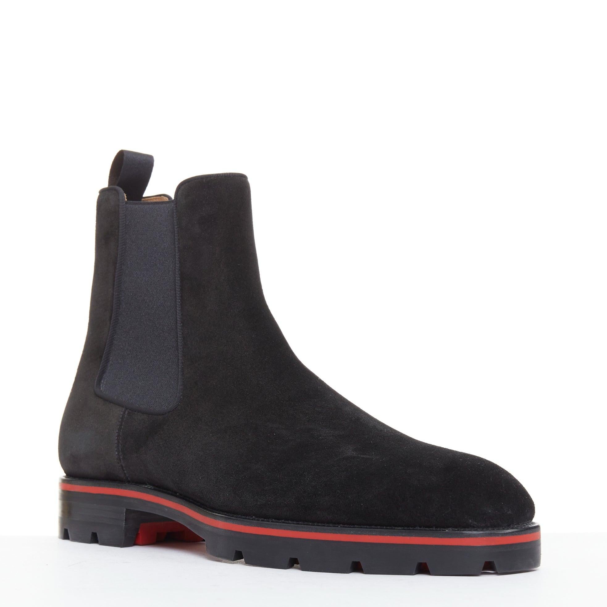 CHRISTIAN LOUBOUTIN Alpinosol Flat Botín Chelsea de ante negro con suela de tacos EU43
Referencia: TGAS/F00135
Marca: Christian Louboutin
Model No: Alpinosol Plano
Material: Ante, Goma
Color: Negro, Rojo
Patrón: Sólido
Cierre: Elástico
Forro: Piel
