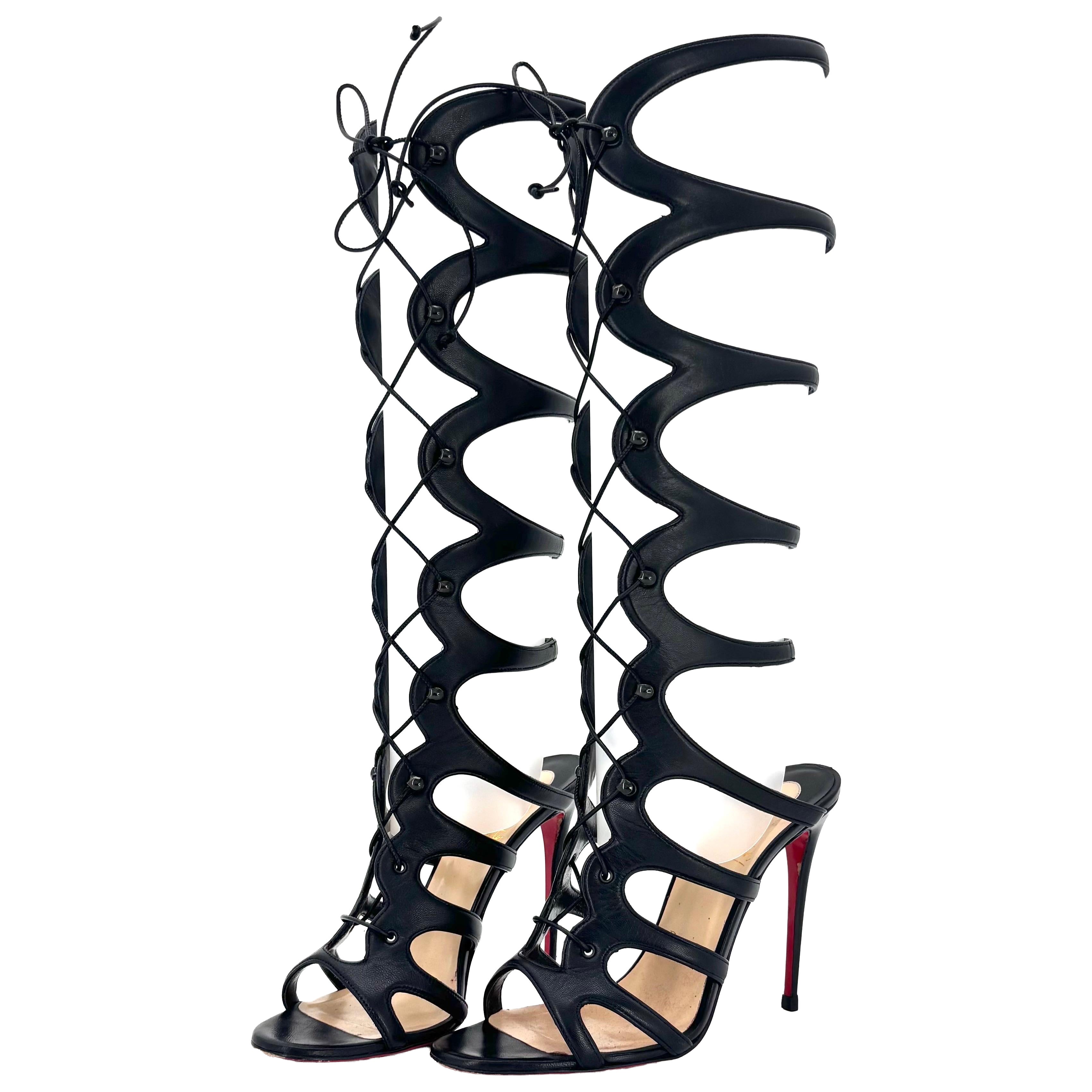 Christian Louboutin Amazoula 100 Schwarzes Leder Gladiator-Kniehohe Sandalen 39