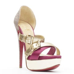 CHRISTIAN LOUBOUTIN Ambertina 140 gold pink glitter buckle strappy platform EU36