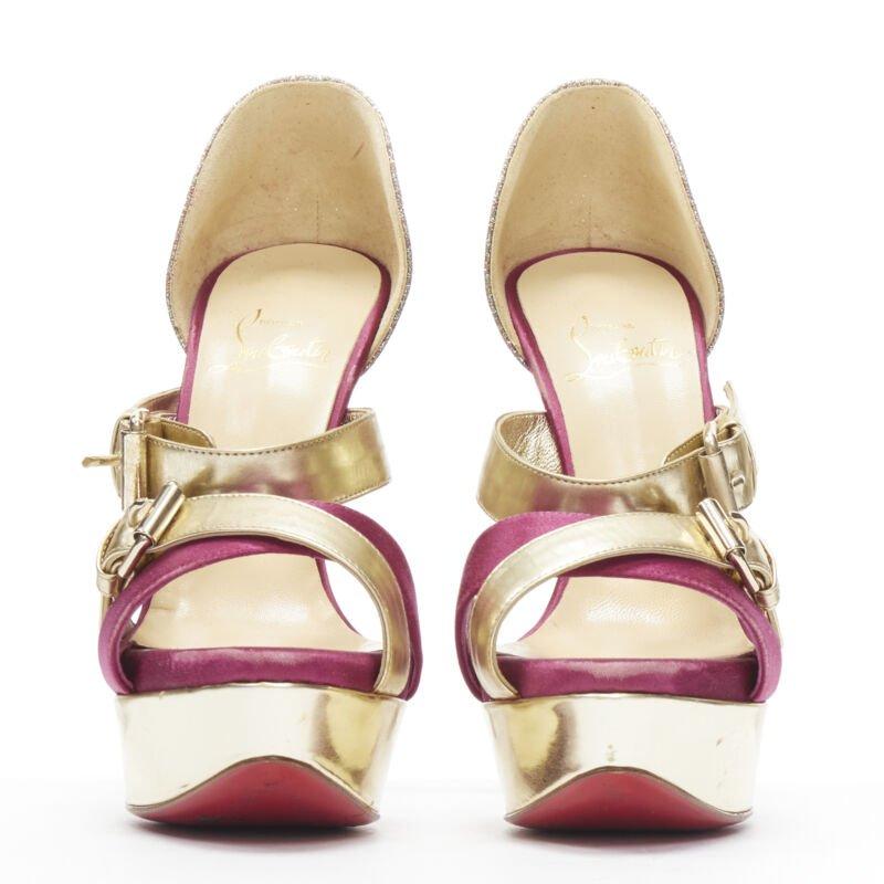 Beige CHRISTIAN LOUBOUTIN Ambertina 140 oro rosa glitter fibbia piattaforma strappy EU36 in vendita