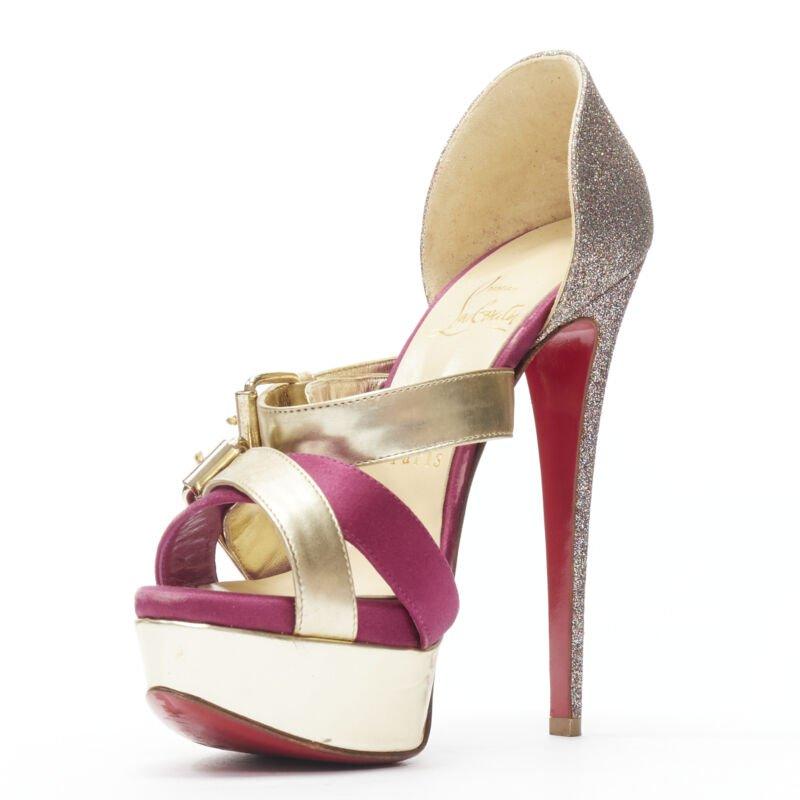CHRISTIAN LOUBOUTIN Ambertina 140 oro rosa glitter fibbia piattaforma strappy EU36 In condizioni buone in vendita a Hong Kong, NT