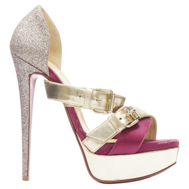 CHRISTIAN LOUBOUTIN Ambertina 140 gold pink glitter buckle strappy platform EU36