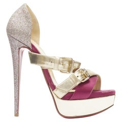 CHRISTIAN LOUBOUTIN Ambertina 140 gold pink glitter buckle strappy platform EU36