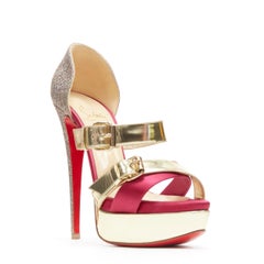 CHRISTIAN LOUBOUTIN Ambertina 150 pink gold buckle strap platform sandal EU37.5