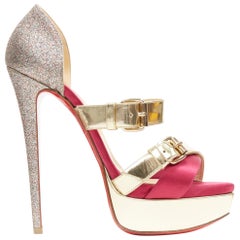 CHRISTIAN LOUBOUTIN Ambertina 150 pink gold buckle strap platform sandal EU37.5