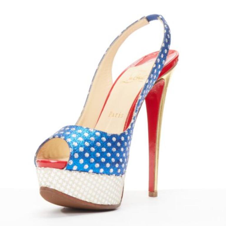 CHRISTIAN LOUBOUTIN American Flag peep toe platform peeptoe slingback EU37.5 In Good Condition In Hong Kong, NT