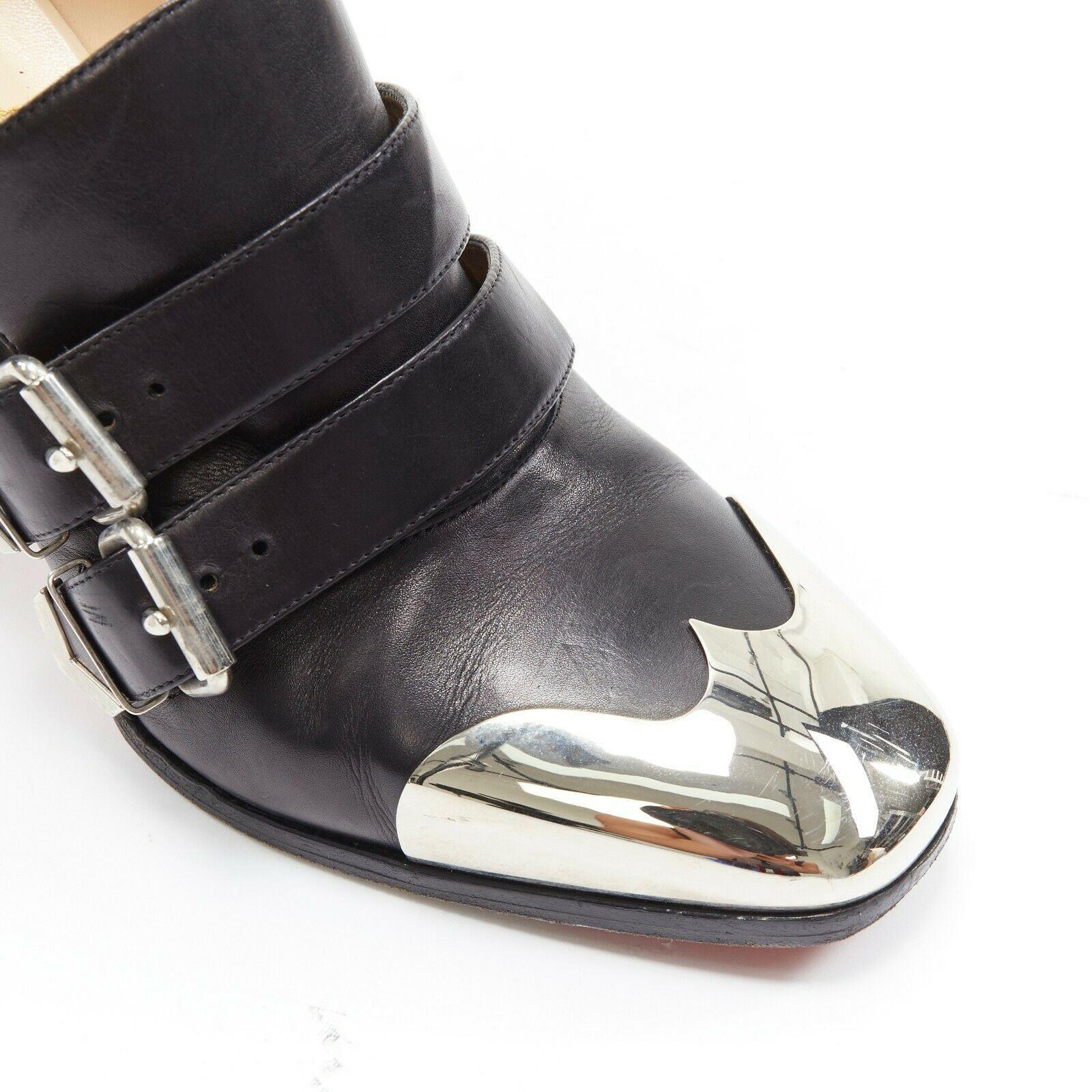 CHRISTIAN LOUBOUTIN  Anita 85 black metal square toe dual strap bootie EU39 In Excellent Condition In Hong Kong, NT