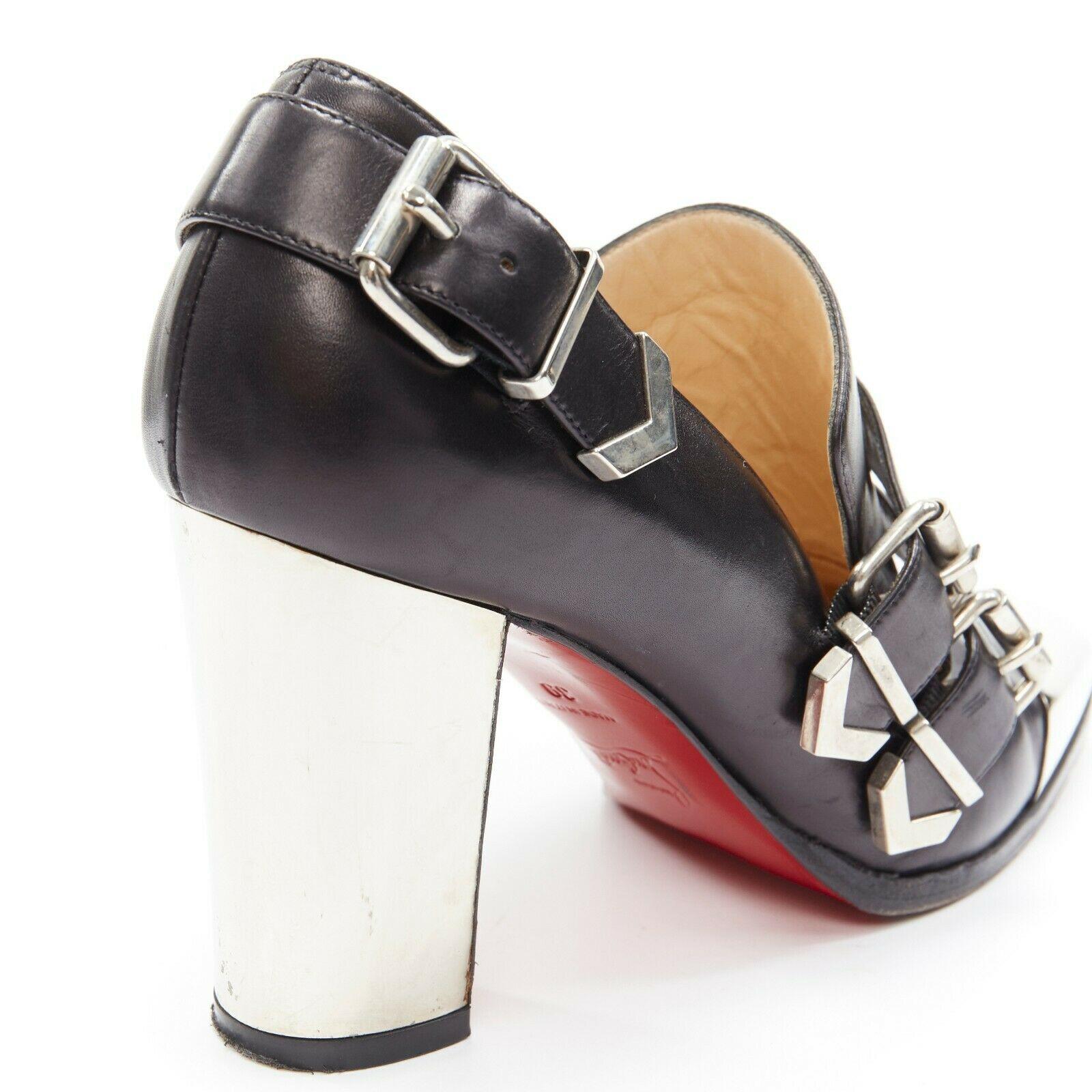 CHRISTIAN LOUBOUTIN  Anita 85 black metal square toe dual strap bootie EU39 1