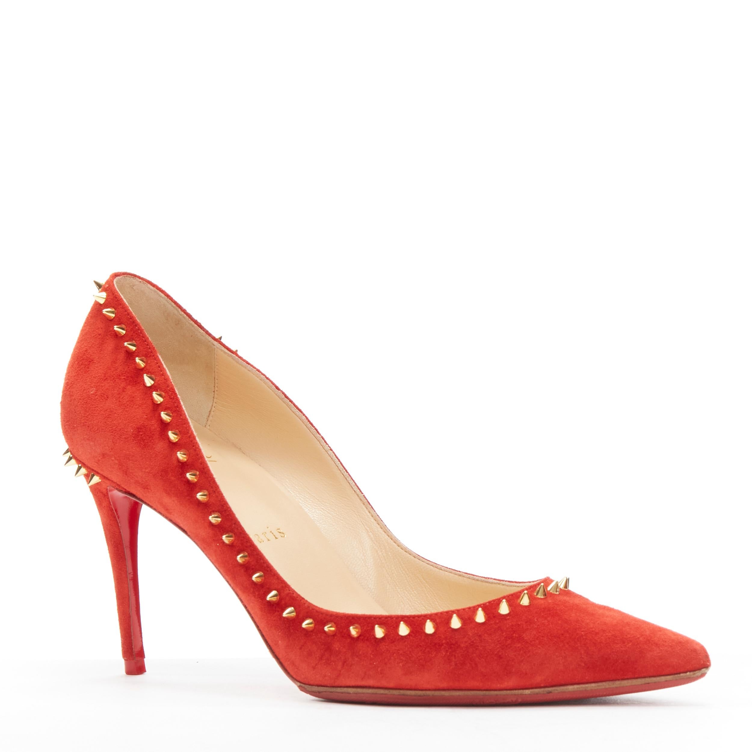CHRISTIAN LOUBOUTIN Anjalina 85 red suede gold spike stud high heel pumps EU37
Reference: TGAS/D00169
Brand: Christian Louboutin
Model: Anjalina 85
Material: Suede
Color: Red, Gold
Pattern: Solid
Closure: Slip On
Lining: Nude Leather
Extra Details: