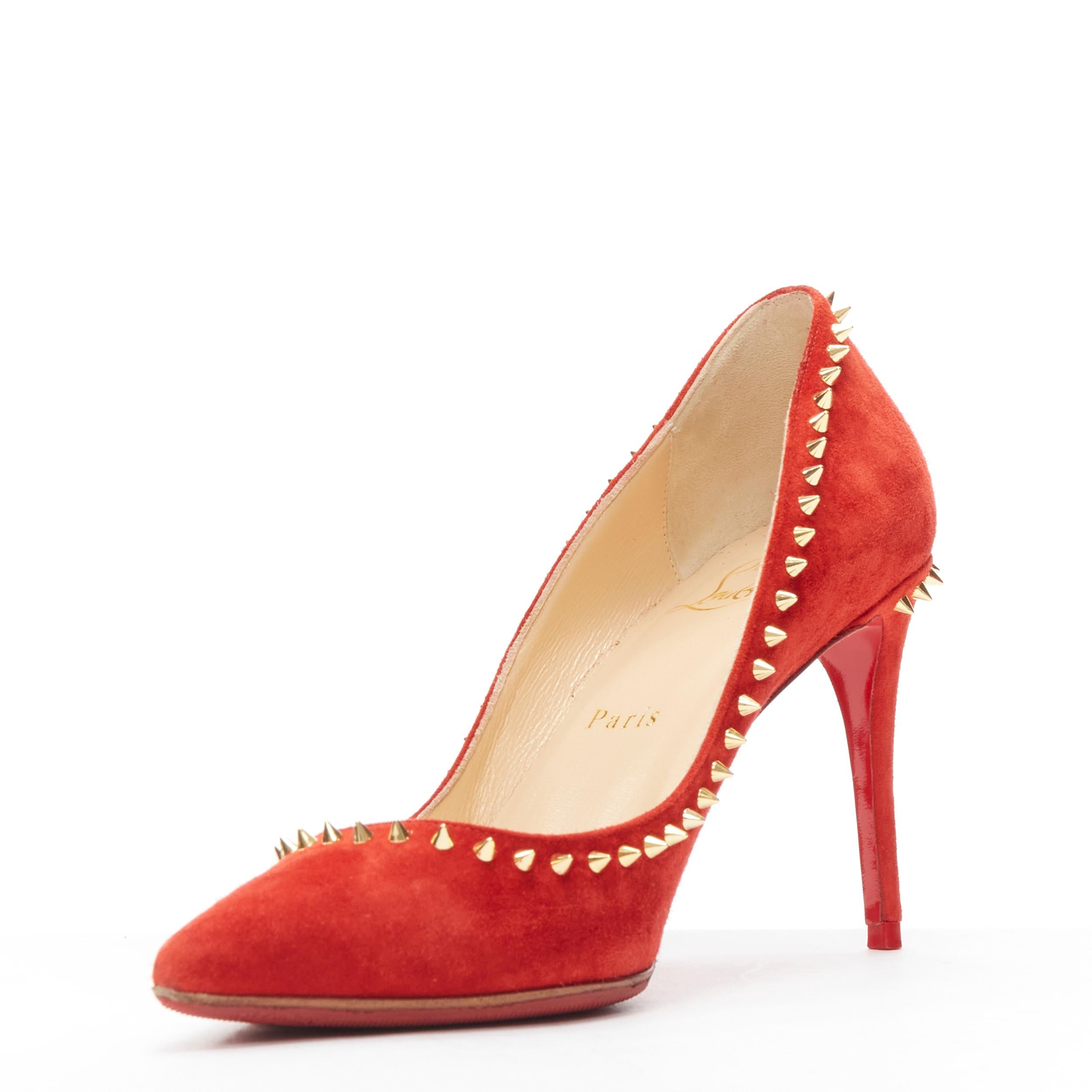 Red CHRISTIAN LOUBOUTIN Anjalina 85 red suede gold spike stud high heel pumps EU37 For Sale