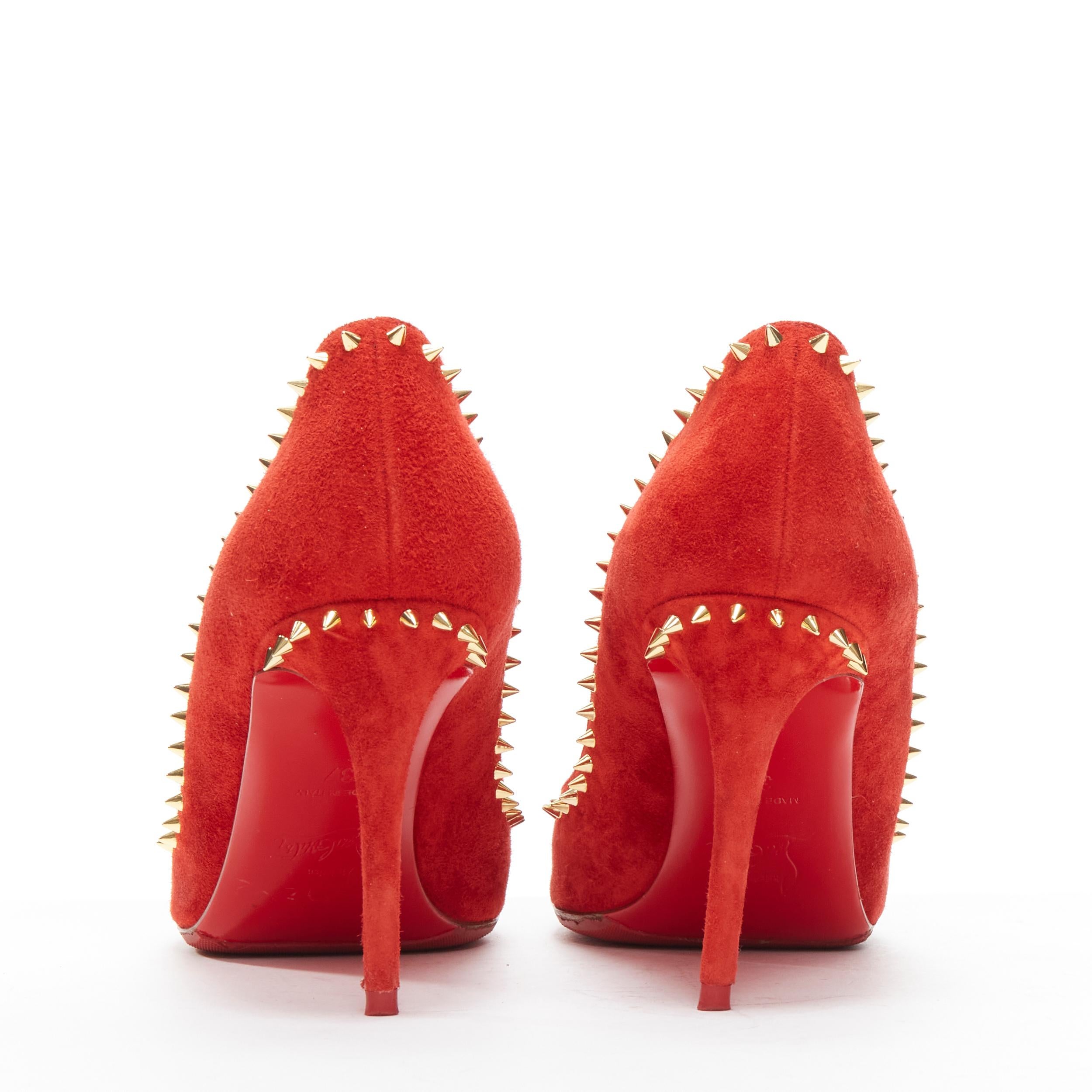 Women's CHRISTIAN LOUBOUTIN Anjalina 85 red suede gold spike stud high heel pumps EU37 For Sale