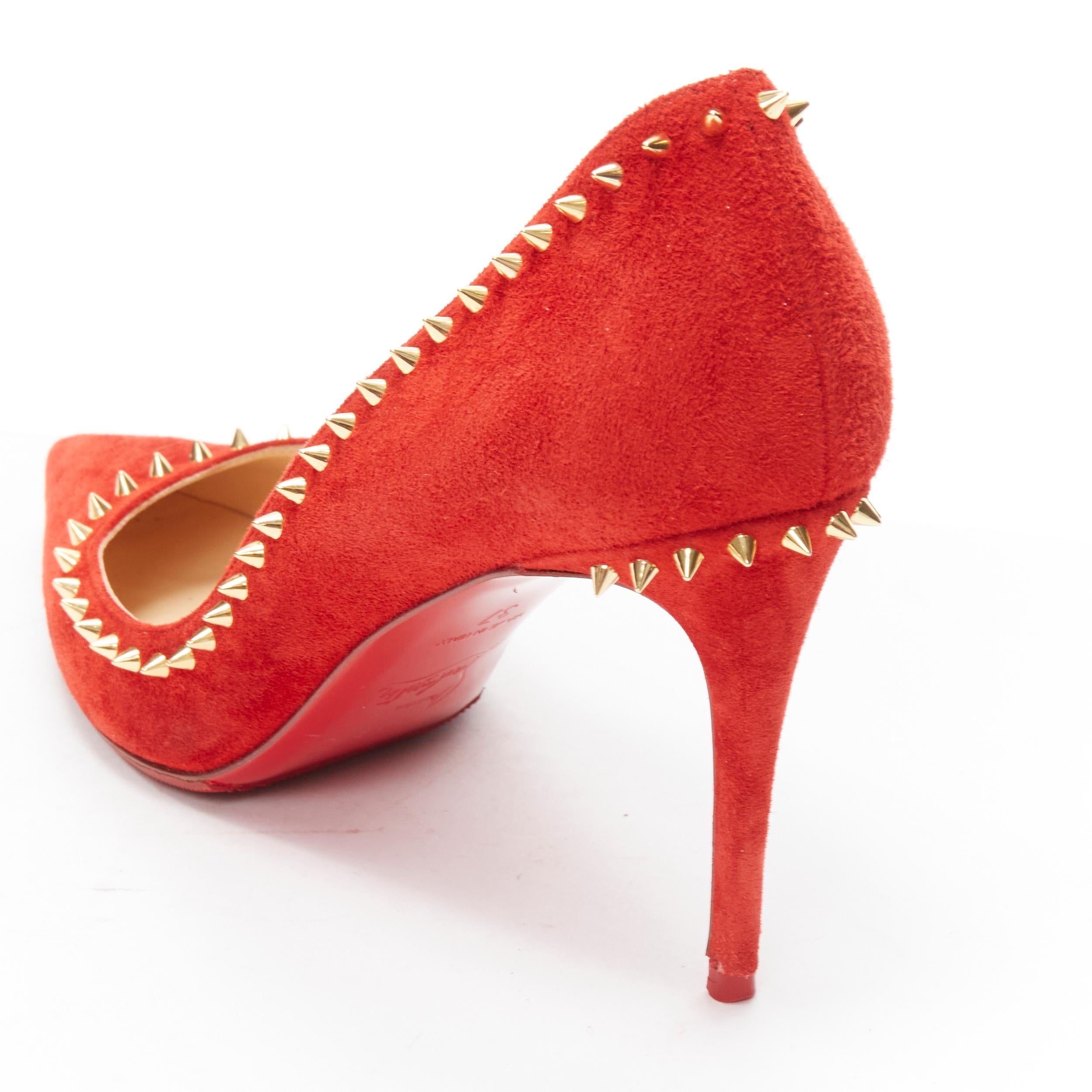 CHRISTIAN LOUBOUTIN Anjalina 85 red suede gold spike stud high heel pumps EU37 For Sale 3