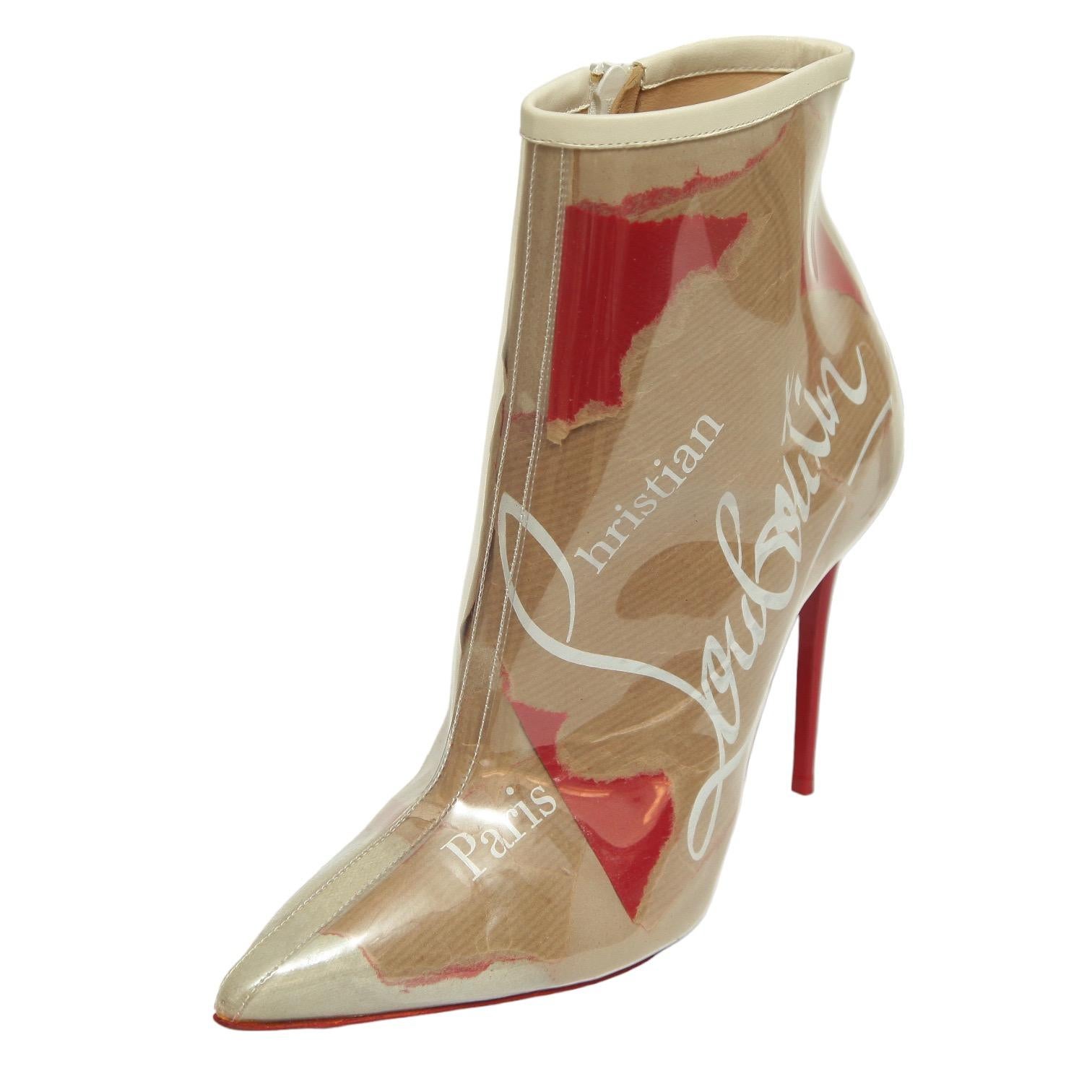 Brown CHRISTIAN LOUBOUTIN Ankle Boot SO KATE LOUBI KRAFT PVC Paper Bootie Leather 38.5 For Sale