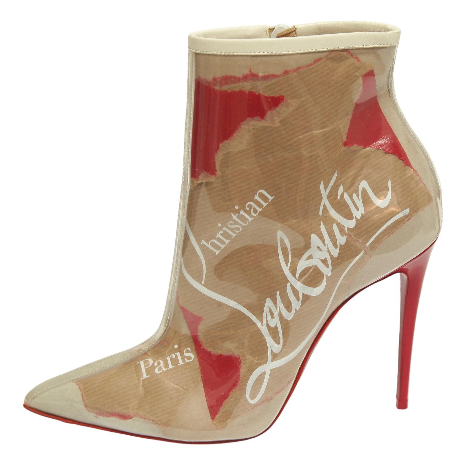 CHRISTIAN LOUBOUTIN Ankle Boot SO KATE LOUBI KRAFT PVC Paper Bootie Leather 38.5 In Excellent Condition For Sale In Hollywood, FL