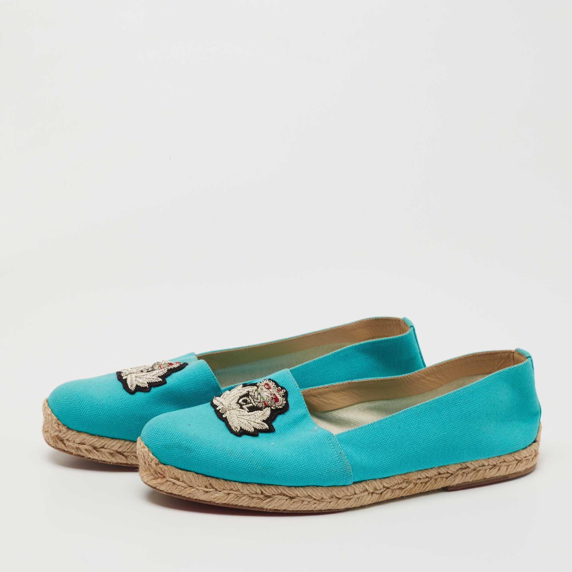 Christian Louboutin Aqua Blue Canvas Gala Crest Espadrille Flats Size 40 For Sale at 1stDibs