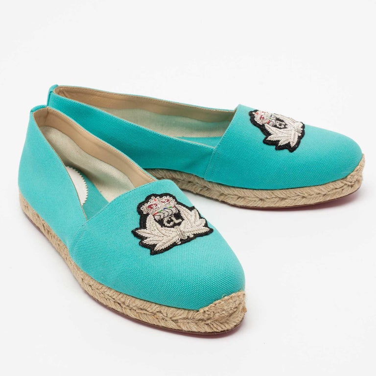 Christian Louboutin Aqua Blue Canvas Gala Embroidered Crest Espadrille