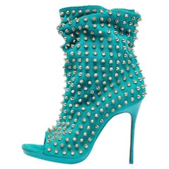 Christian Louboutin Aqua Blue Suede Guerilla Spiked Ankle Length Boots Size 36