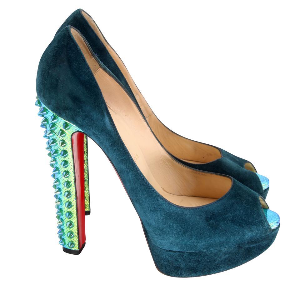 Donna Christian Louboutin Aqua Teal Pumps Open Toe Platforms CL-S0106P-0139 in vendita
