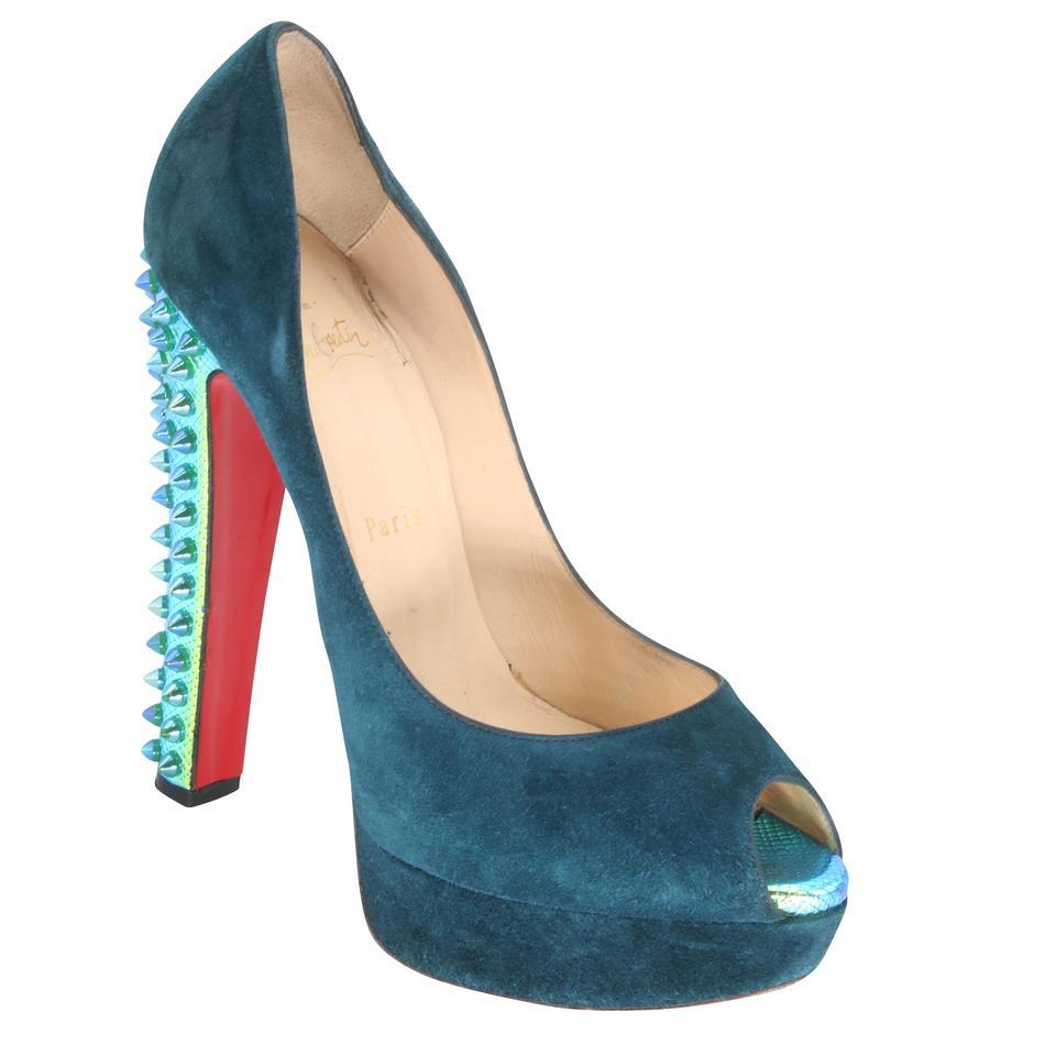 Christian Louboutin Aqua Teal Runway Pumps Open Toe Platforms CL-S0106P-0139 In Good Condition For Sale In Downey, CA