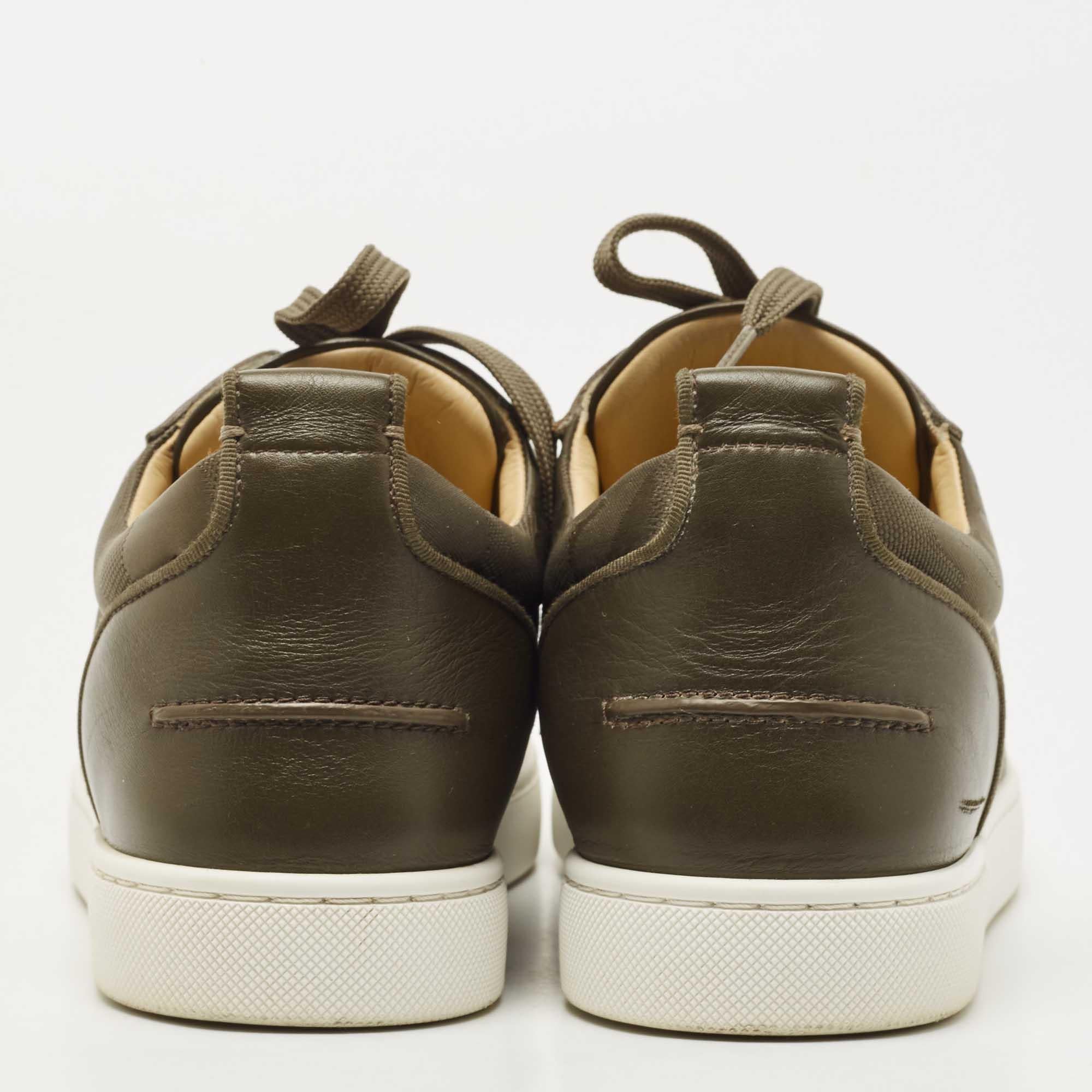 Brown Christian Louboutin Army Green Leather and Canvas Louis Junior Spike Sneakers 