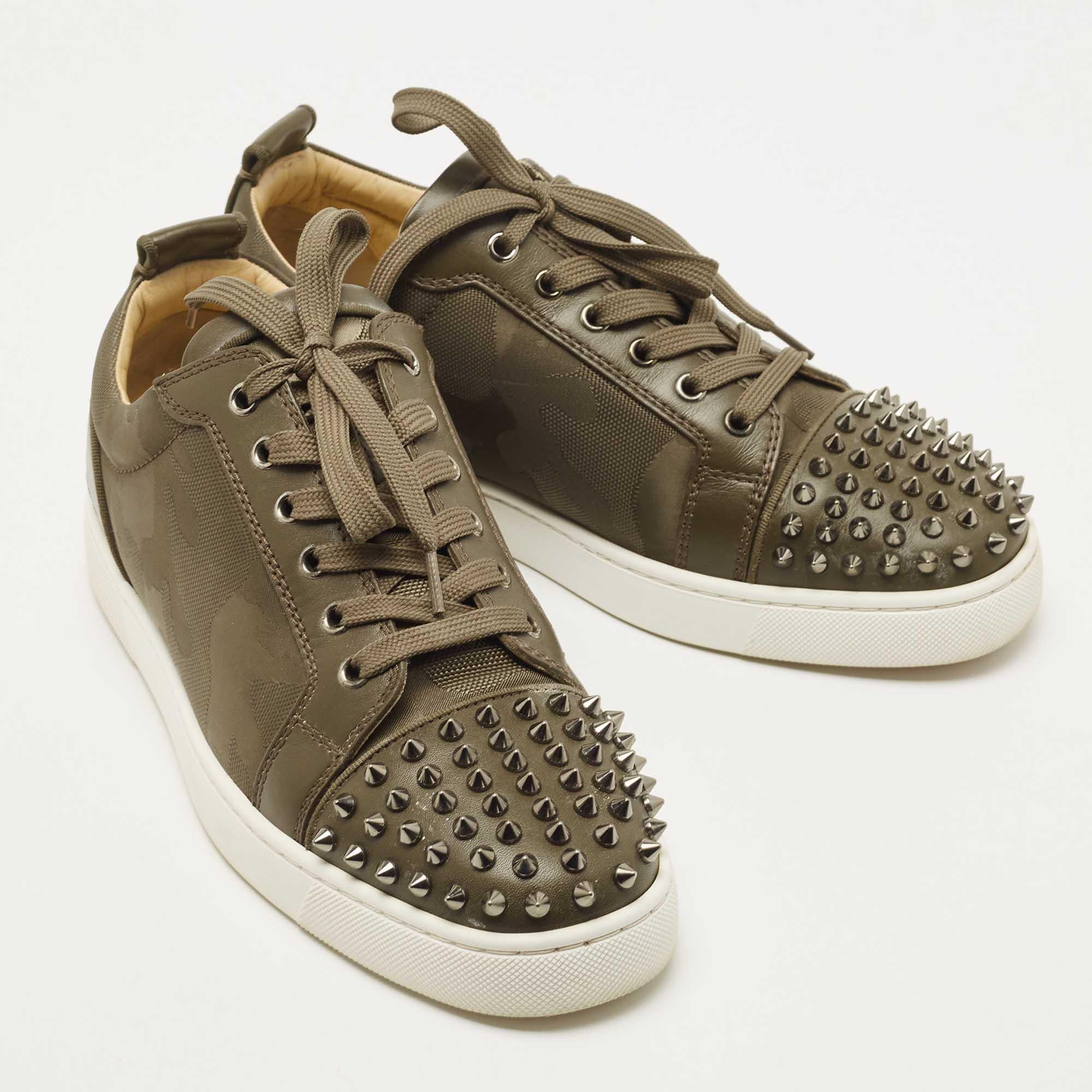 Women's Christian Louboutin Army Green Leather and Canvas Louis Junior Spike Sneakers 