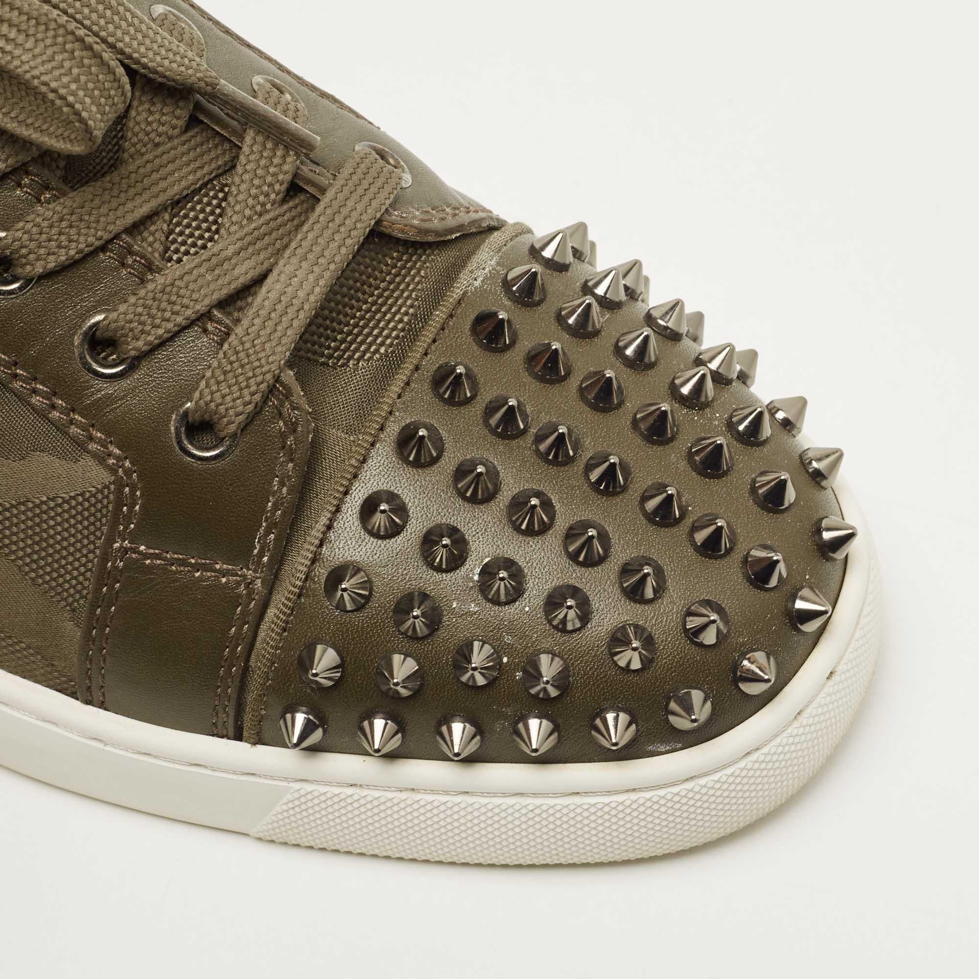 Christian Louboutin Army Green Leather and Canvas Louis Junior Spike Sneakers  1