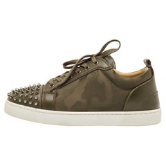 Christian Louboutin Army Green Leather and Canvas Louis Junior Spike Sneakers 