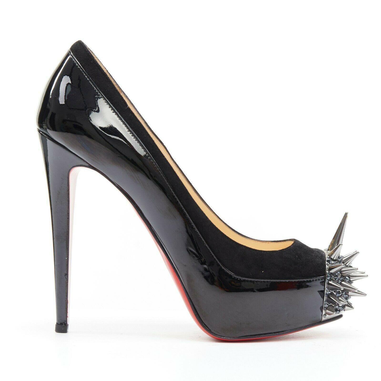 CHRISTIAN LOUBOUTIN Asteroid black suede patent spike crystal toe pump  EU37.5 at 1stDibs