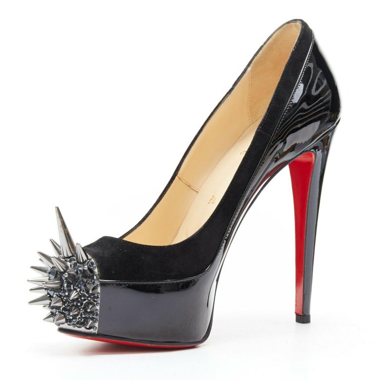 CHRISTIAN LOUBOUTIN Asteroid black suede patent spike crystal toe pump ...