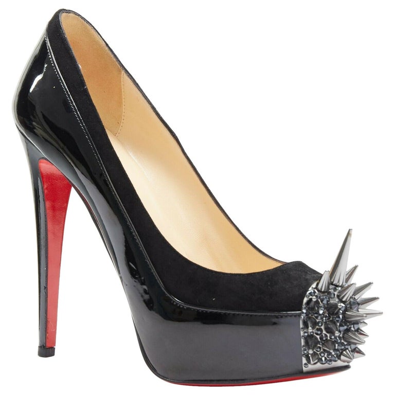 CHRISTIAN LOUBOUTIN Asteroid black suede patent spike crystal toe pump ...