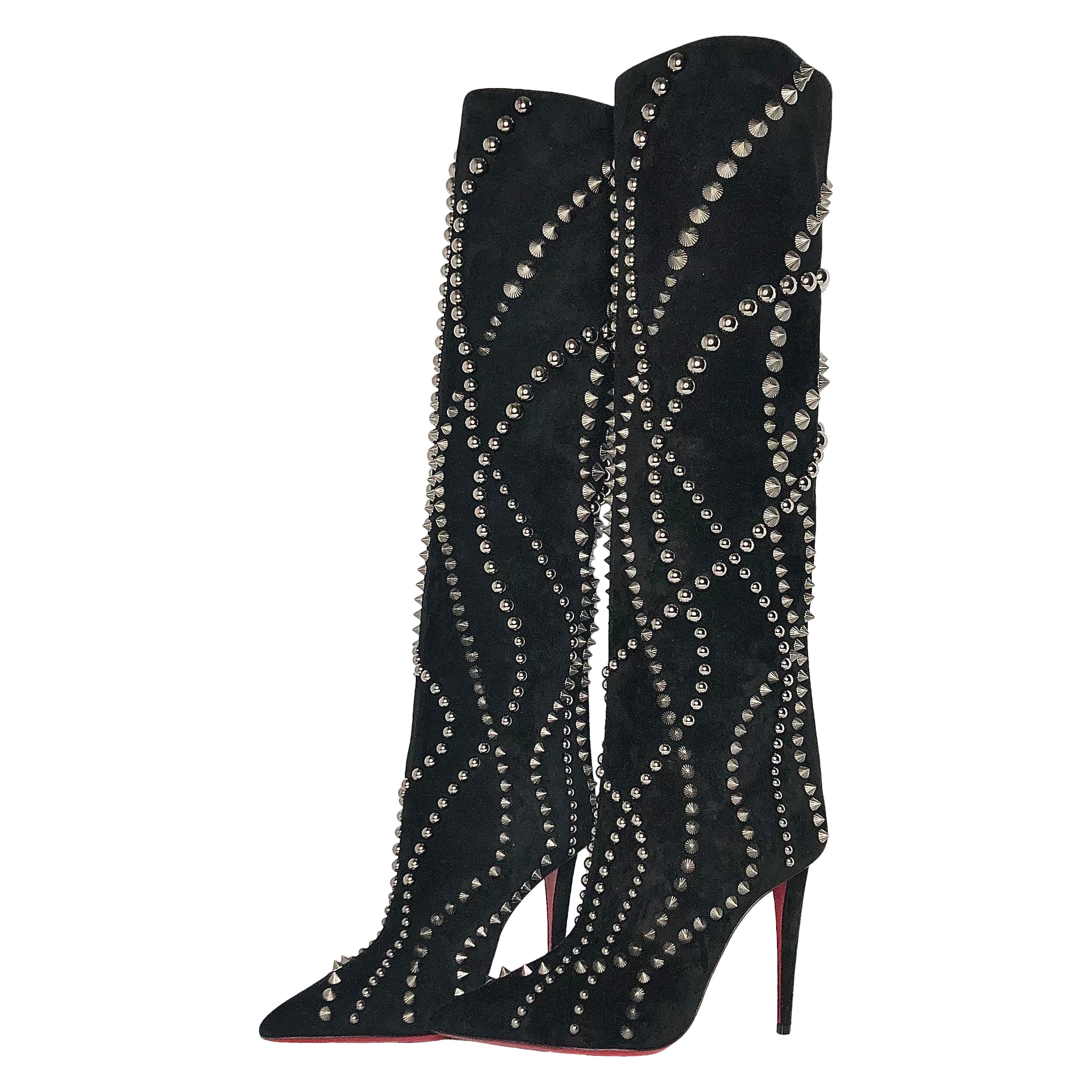 Christian Louboutin Astrilarge Botta Pika 100 Botas altas al muslo de ante negro 39