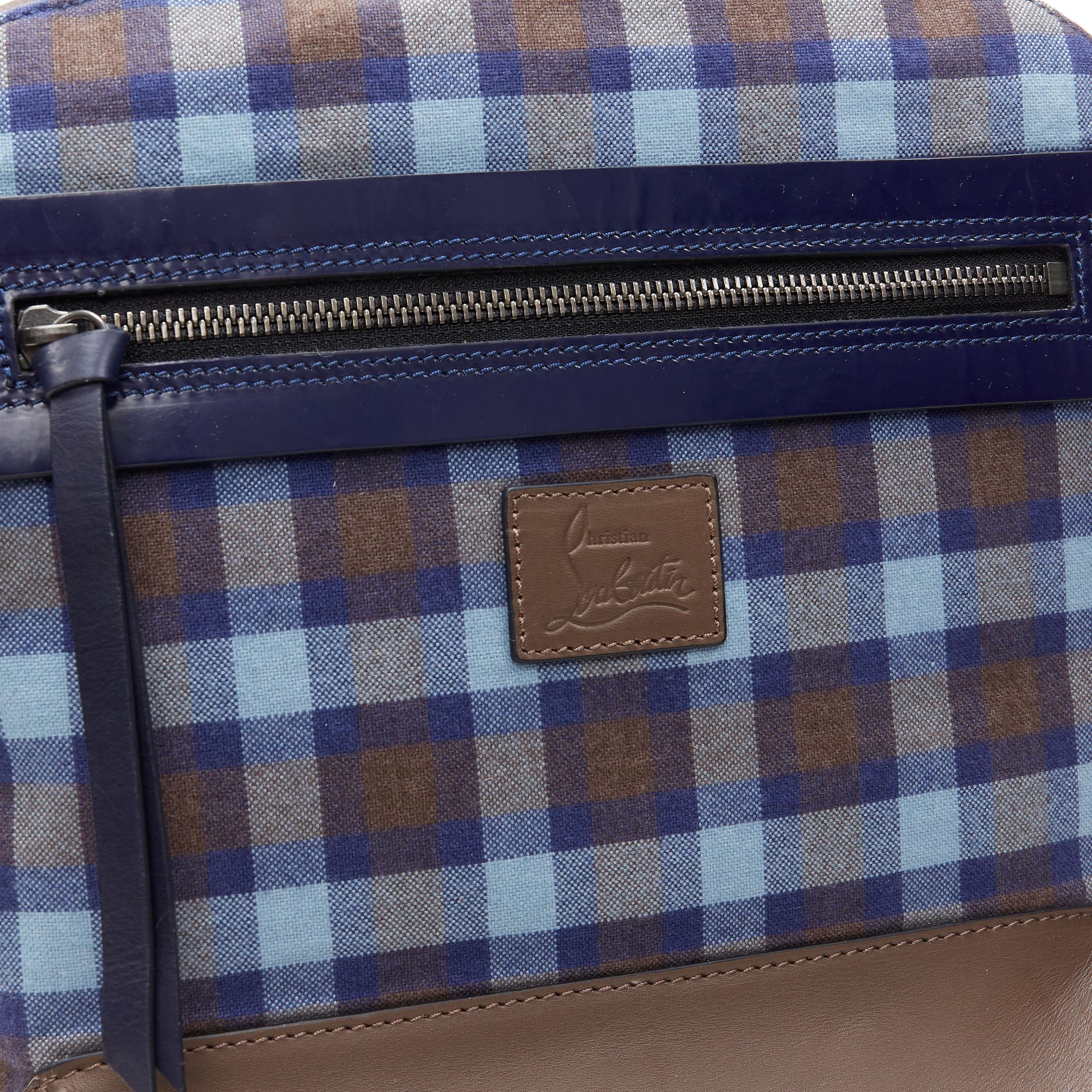 CHRISTIAN LOUBOUTIN Backloubi blue brown gingham check spike stud backpack bag For Sale 3