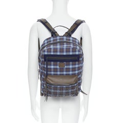 CHRISTIAN LOUBOUTIN Backloubi blue brown gingham check spike stud backpack bag