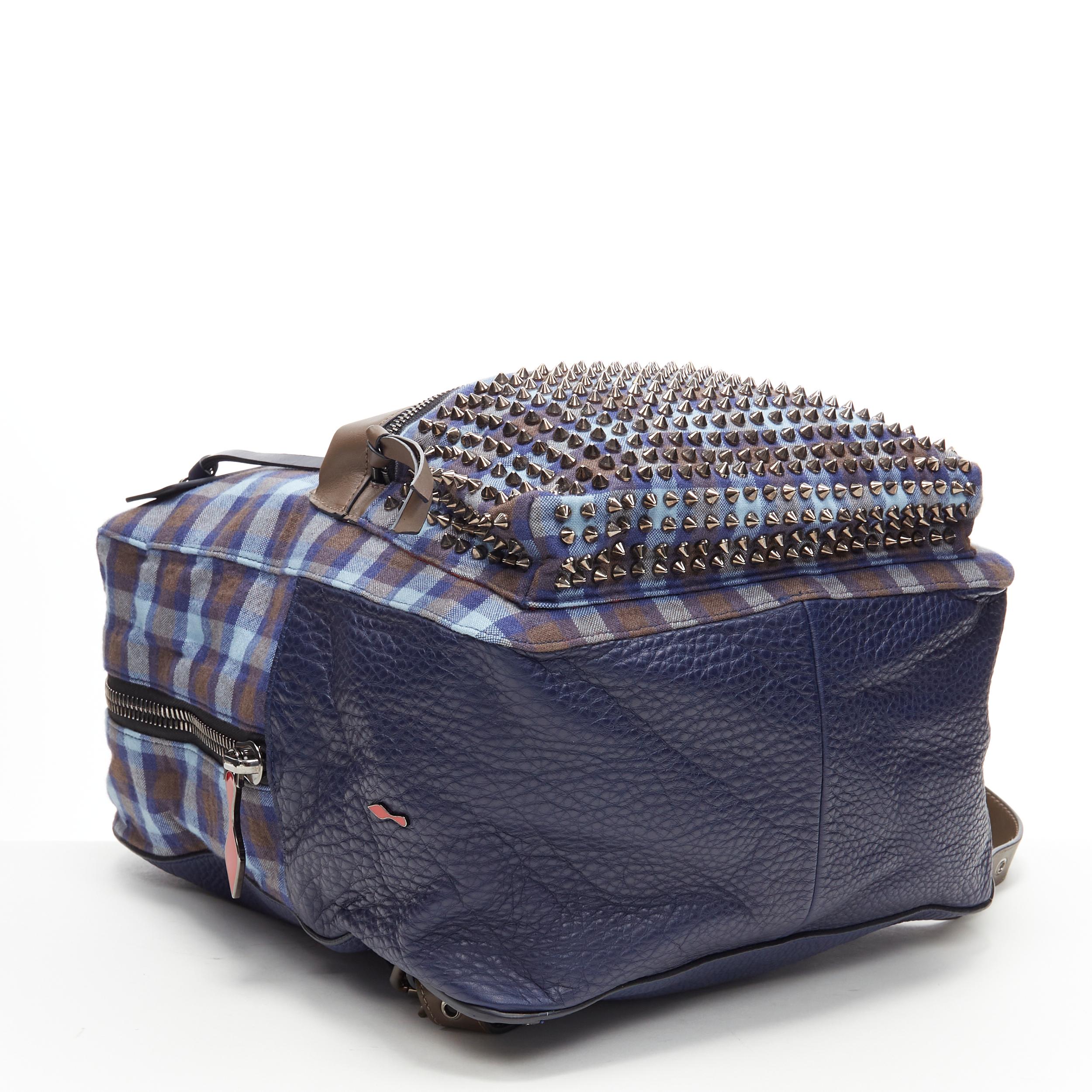 Gray CHRISTIAN LOUBOUTIN Backloubi blue brown gingham check spike stud backpack bag For Sale