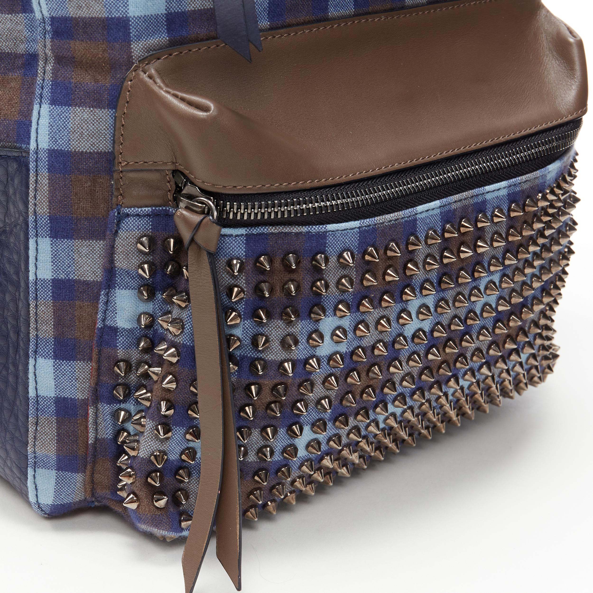 CHRISTIAN LOUBOUTIN Backloubi blue brown gingham check spike stud backpack bag In Excellent Condition For Sale In Hong Kong, NT