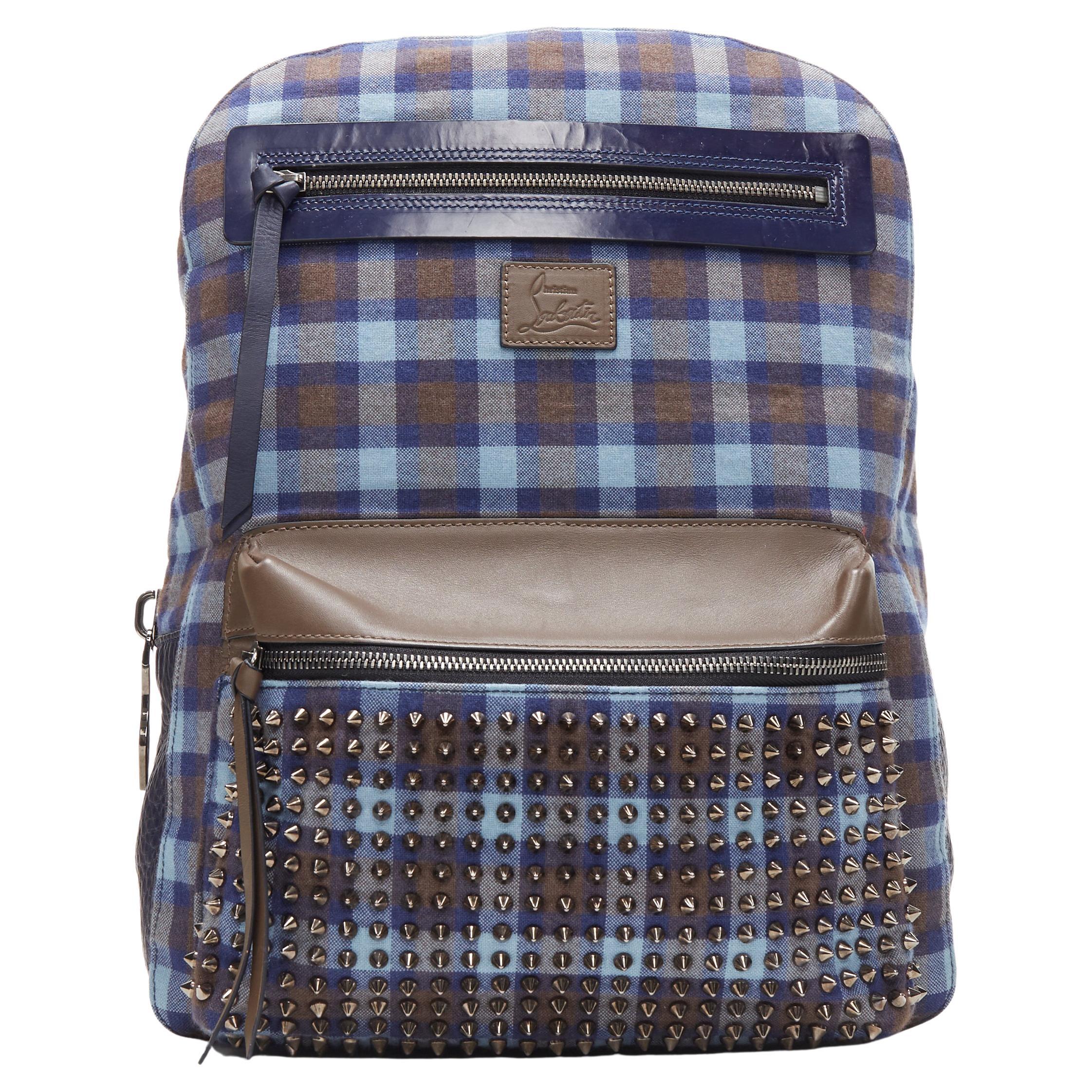 CHRISTIAN LOUBOUTIN Backloubi blue brown gingham check spike stud backpack bag For Sale