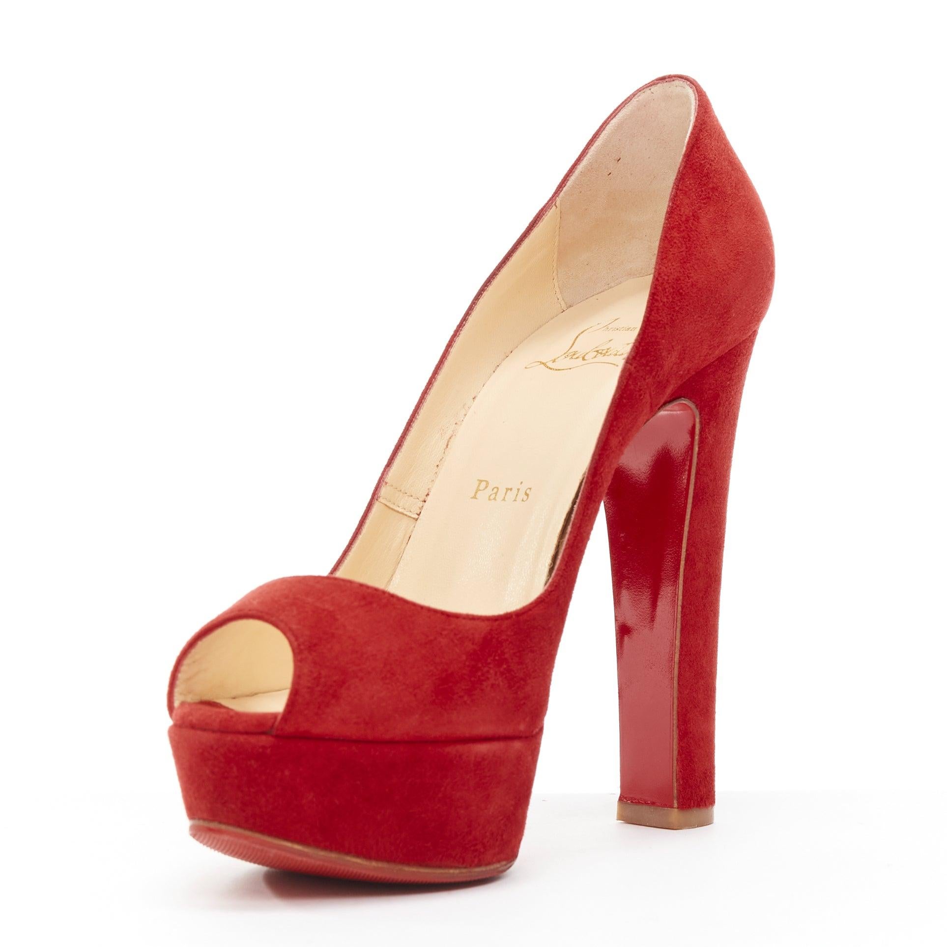 CHRISTIAN LOUBOUTIN Bambou 140 red suede peep toe platform chunky heel EU37 In Good Condition In Hong Kong, NT