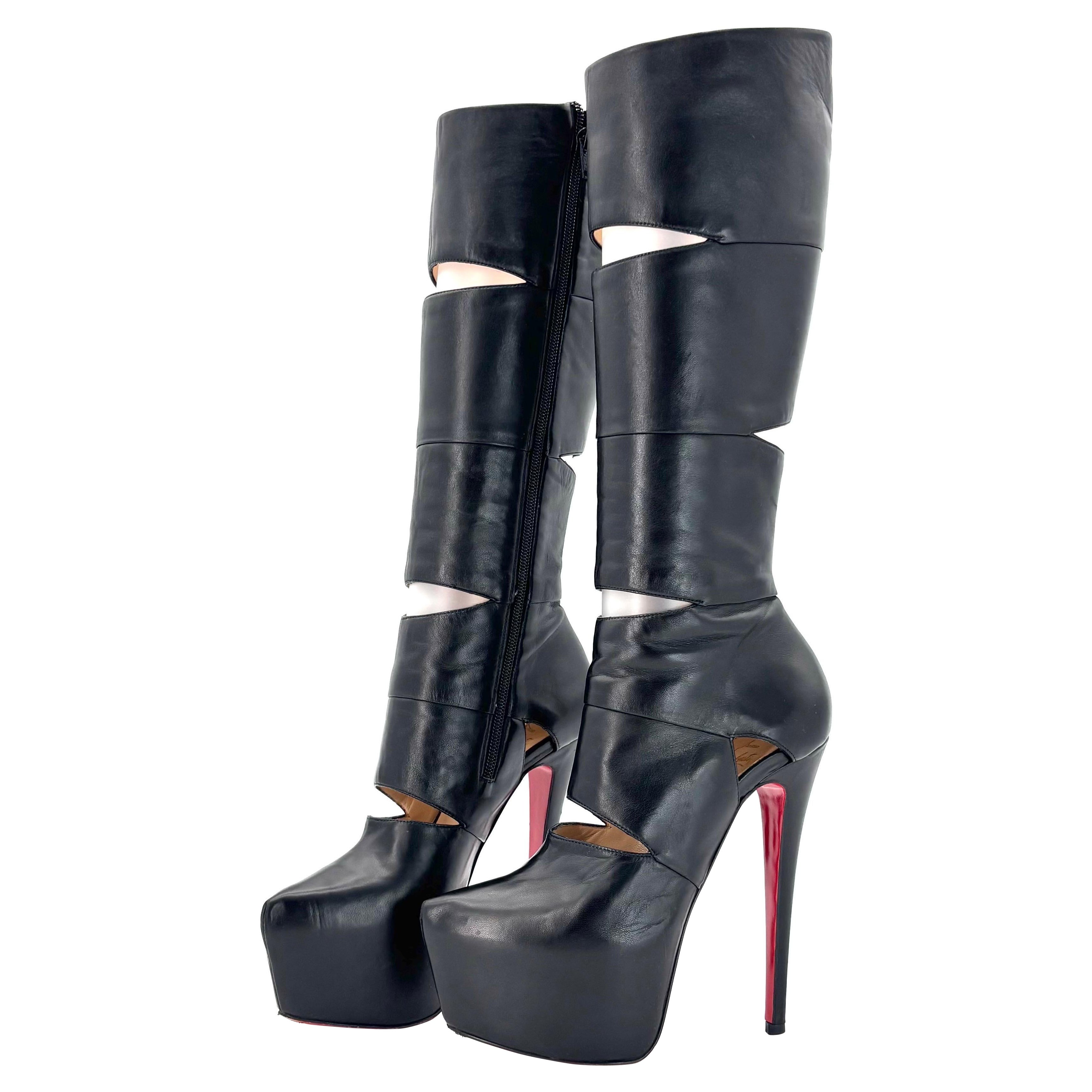 Christian Louboutin Bandita 160 Plataforma Botas altas a la rodilla de piel negra 37.5